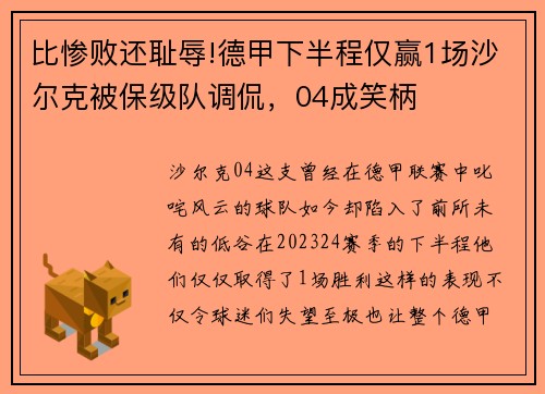 比惨败还耻辱!德甲下半程仅赢1场沙尔克被保级队调侃，04成笑柄