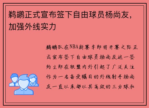 鹈鹕正式宣布签下自由球员杨尚友，加强外线实力